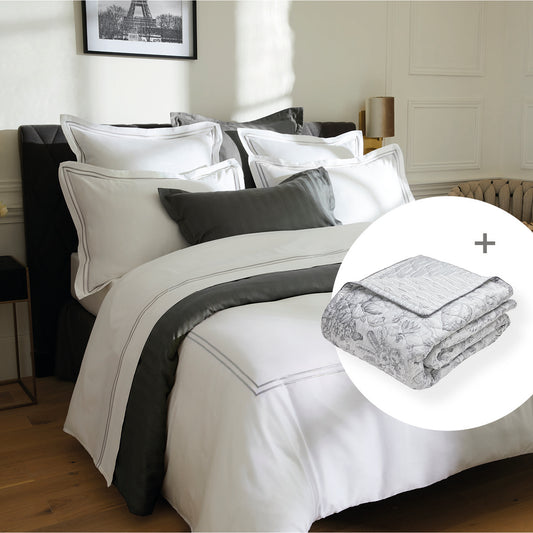 Sheet set + bedspread cotton satin - Paris / Fleurs esquissées White - 240 x 300 cm + 160 x 200 x 30 cm + 2 x (50 x 70 cm) + 220 x 250 cm