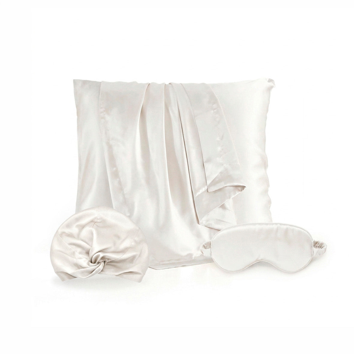 Pillowcase + eyemask + nightcap silk - Silence de soie White 63 x 63 cm + 8.5 x 20.5 cm + 20 x 30 cm