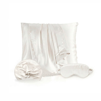 Pillowcase + eyemask + nightcap silk - Silence de soie White 63 x 63 cm + 8.5 x 20.5 cm + 20 x 30 cm