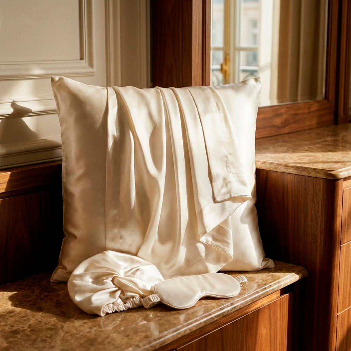 Pillowcase + eyemask + nightcap silk - Silence de soie White