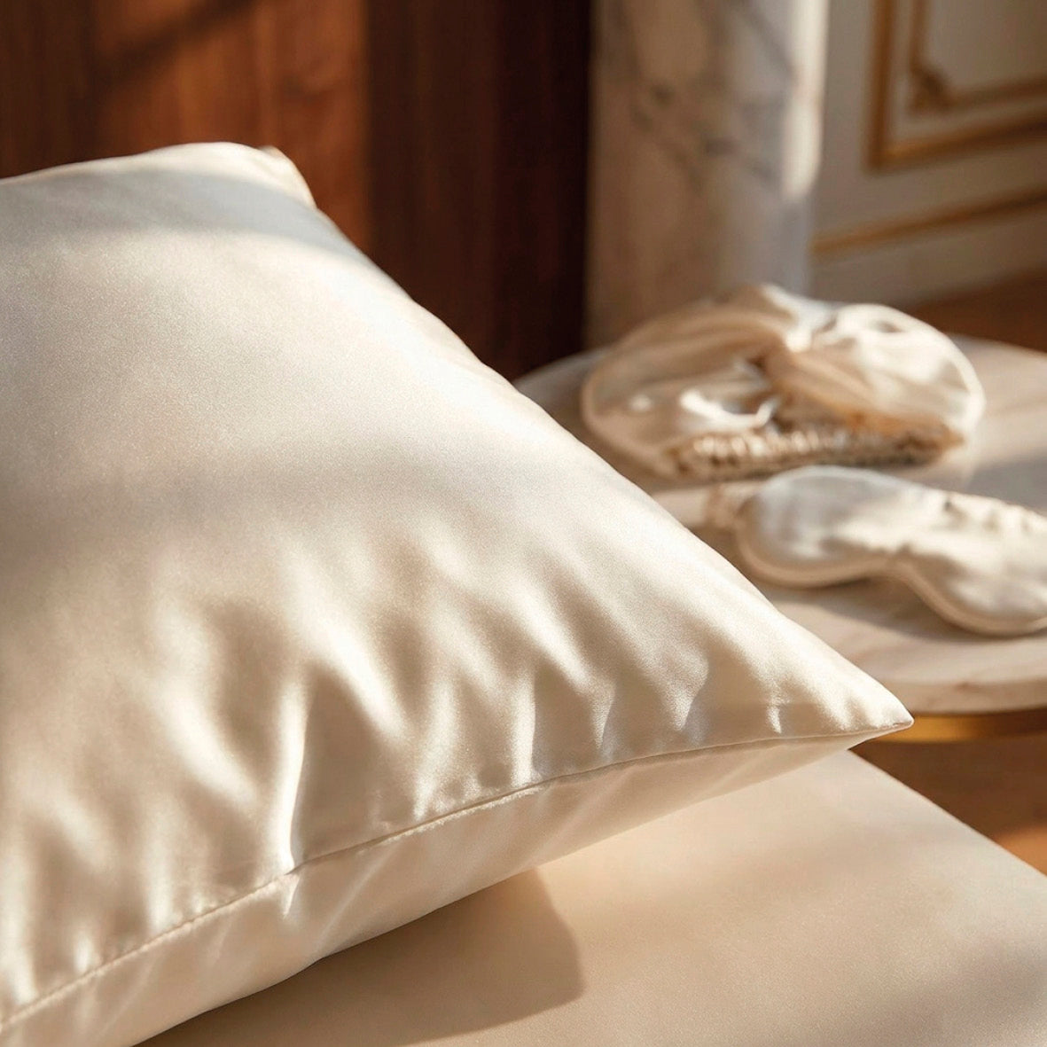 Pillowcase + eyemask + nightcap silk - Silence de soie White