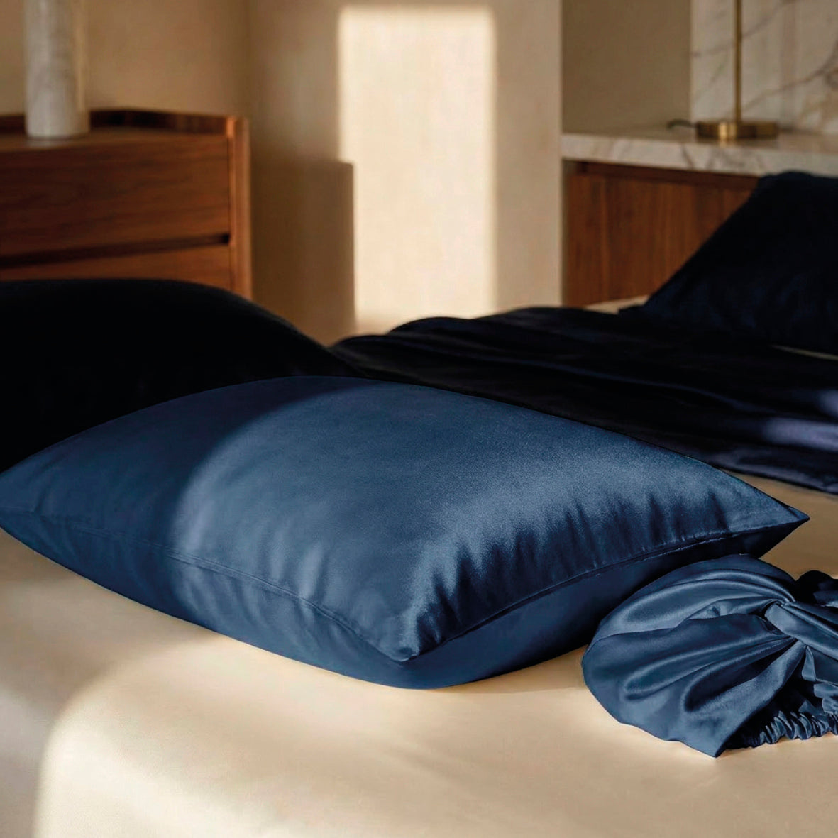 Pillowcase + nightcap silk - Silence de soie Navy blue