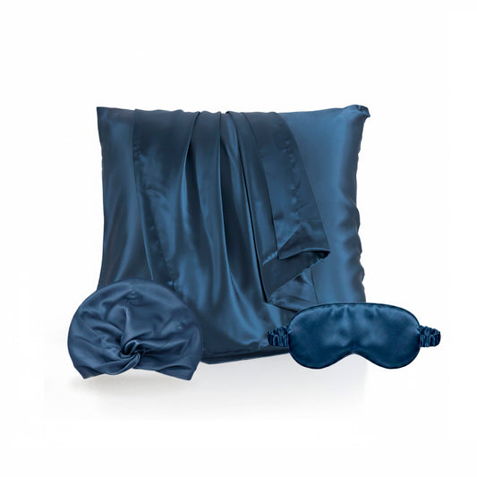 Pillowcase + eyemask + nightcap silk - Silence de soie Navy blue 63 x 63 cm + 8.5 x 20.5 cm + 20 x 30 cm