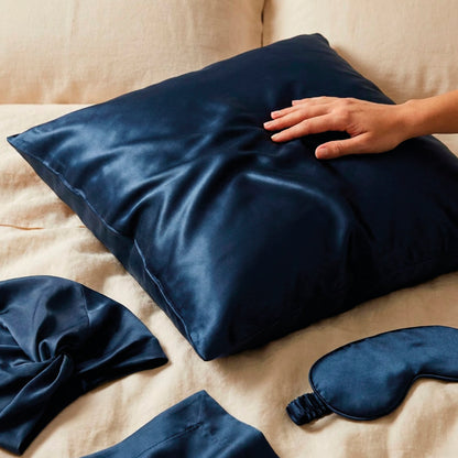 Pillowcase + eyemask + nightcap silk - Silence de soie Navy blue