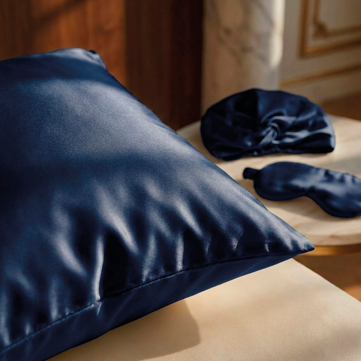 Pillowcase + eyemask + nightcap silk - Silence de soie Navy blue