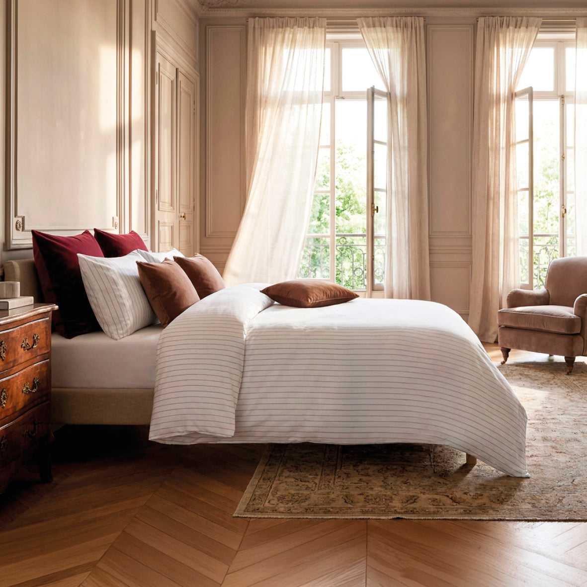 Duvet cover + pillowcase cotton satin - Rayures élégantes White