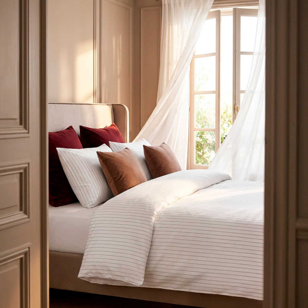 Duvet cover + pillowcase cotton satin - Rayures élégantes White