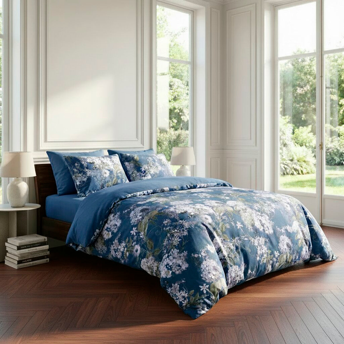 Pillowcase cotton satin - Hortensia Mirage Blue