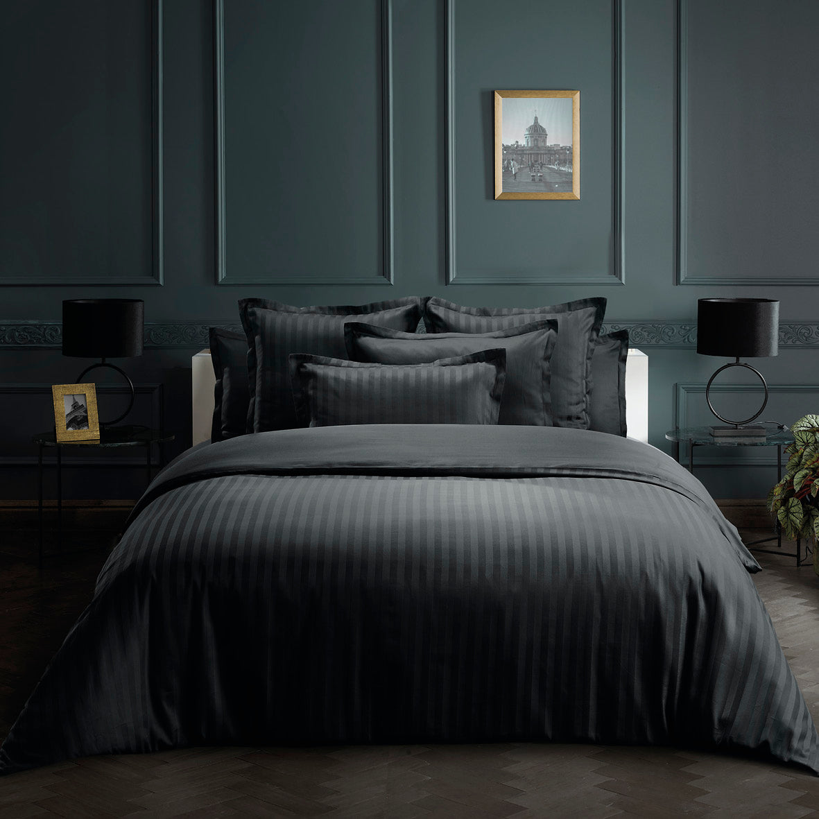 Duvet cover + pillow case Jacquard woven cotton satin stripe - Black