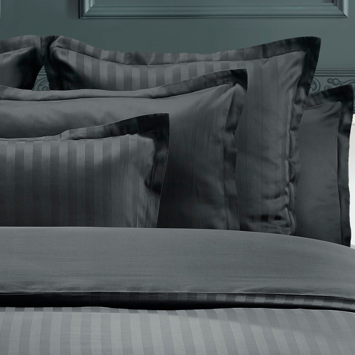 Duvet cover + pillow case Jacquard woven cotton satin stripe - Black