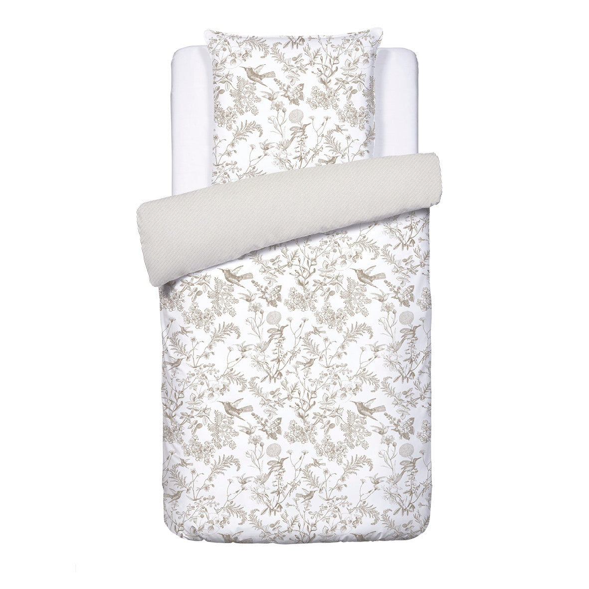 Housse de couette + taie(s) d'oreiller satin de coton - Colibri floral Taupe