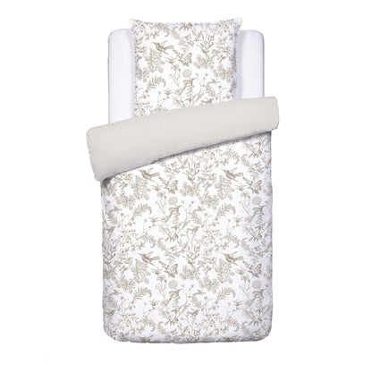 Housse de couette + taie(s) d'oreiller satin de coton - Colibri floral Taupe