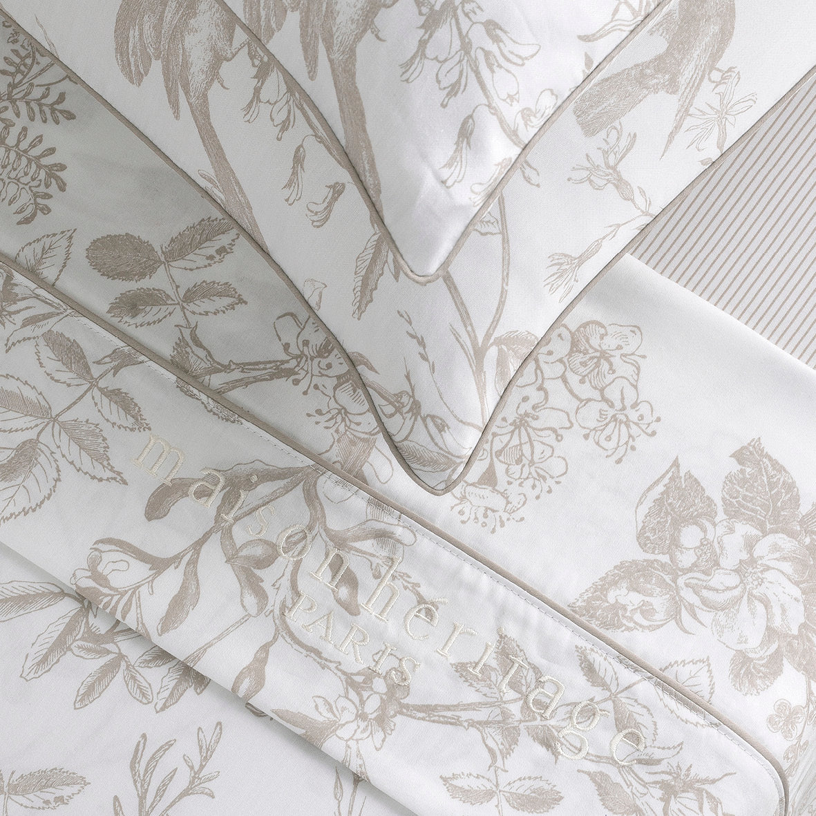 Housse de couette + taie(s) d'oreiller satin de coton - Colibri floral Taupe