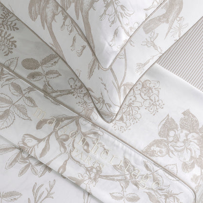 Housse de couette + taie(s) d'oreiller satin de coton - Colibri floral Taupe