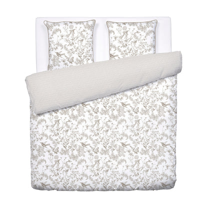 Housse de couette + taie(s) d'oreiller satin de coton - Colibri floral Taupe