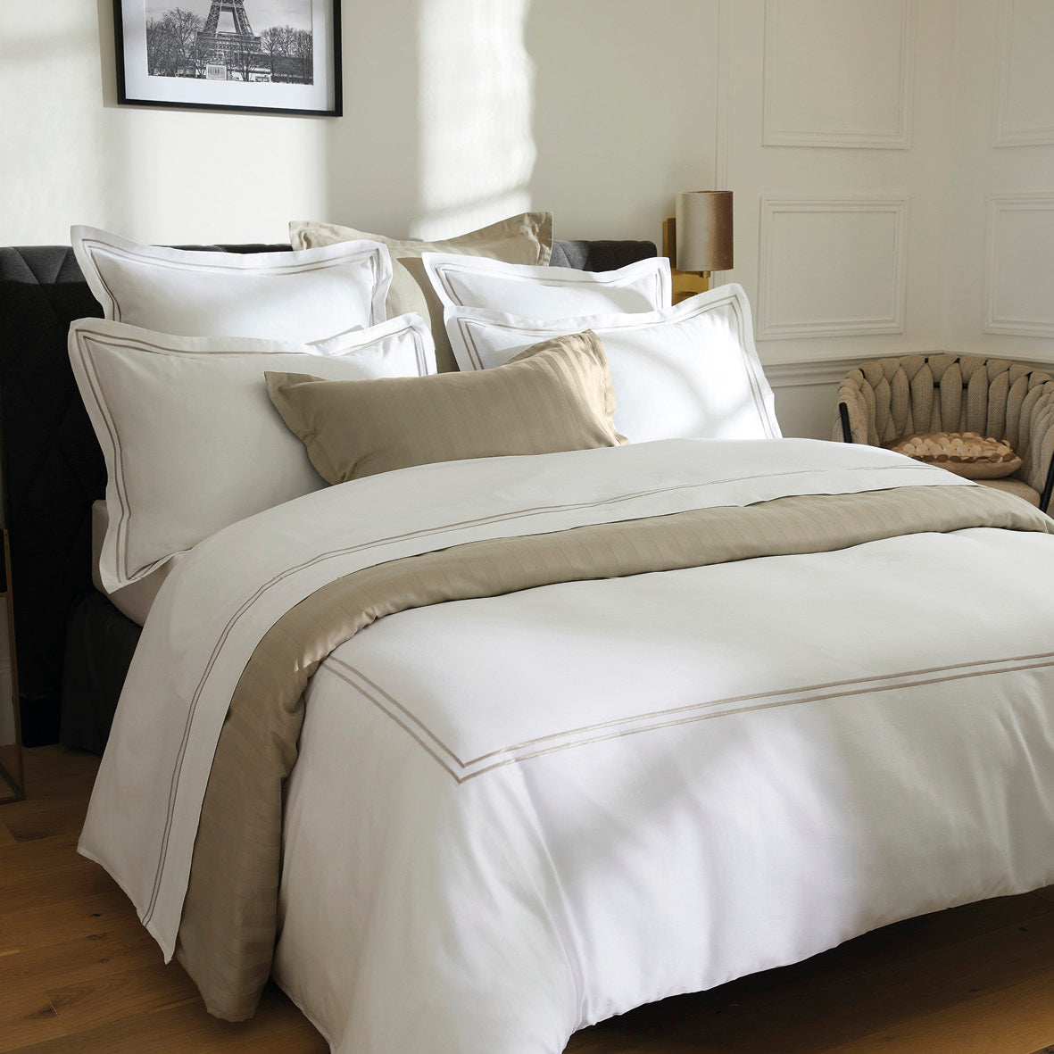 Flat sheet cotton satin - Paris Taupe / White