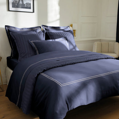 Flat sheet cotton satin - Paris White / Dark blue