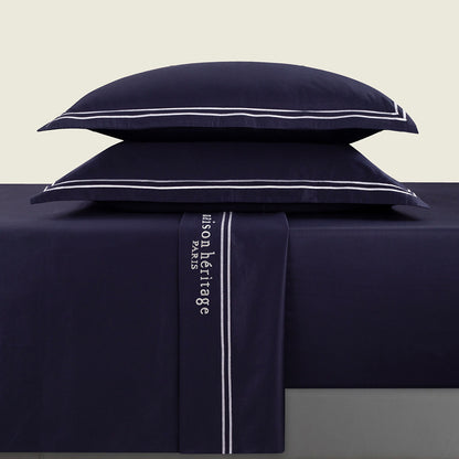 Sheet set cotton satin - Paris White / Dark blue