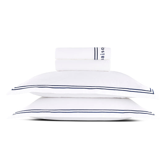 Ensemble de draps satin de coton - Paris Bleu foncé / Blanc