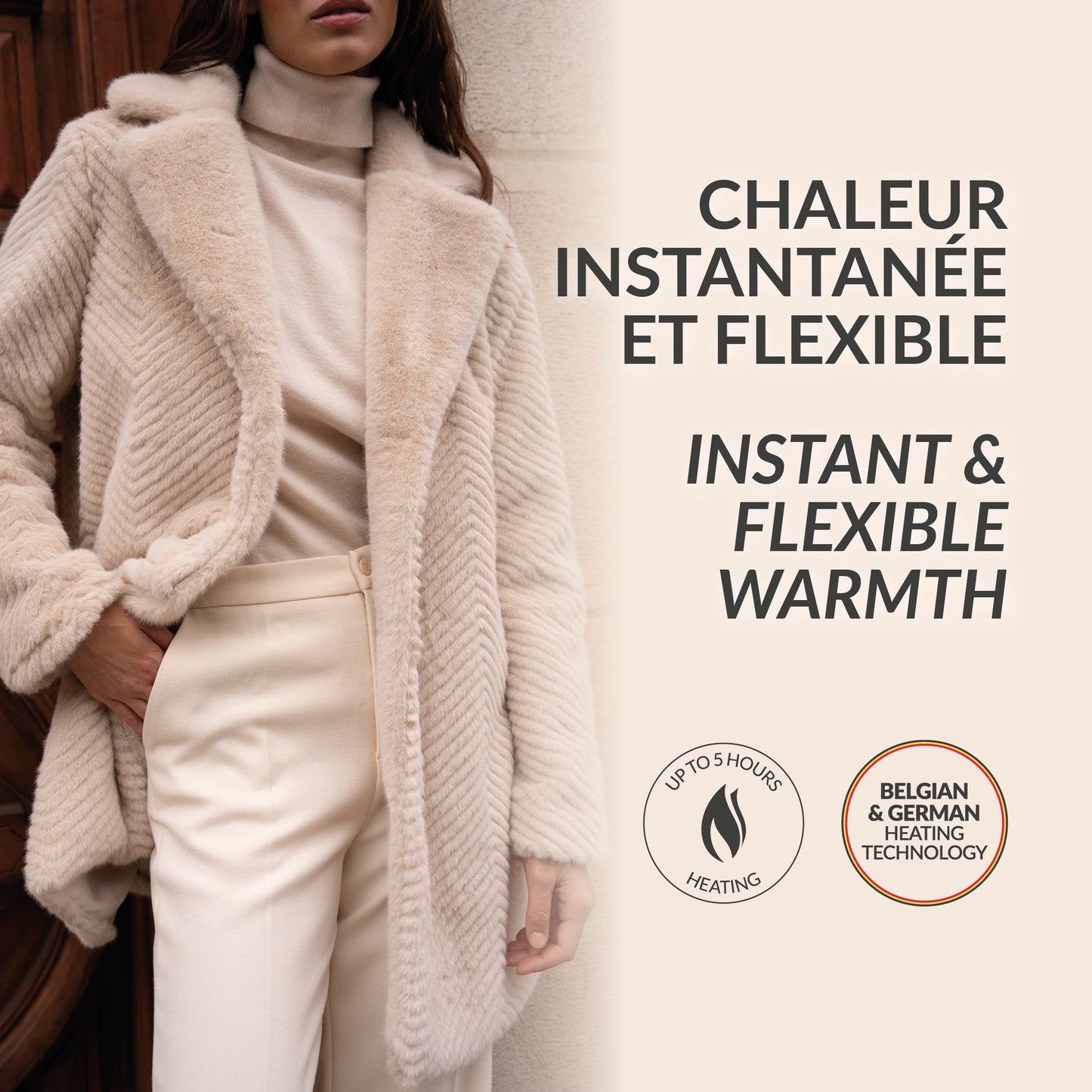 Heated fake fur long chevron jacket - Serena Taupe