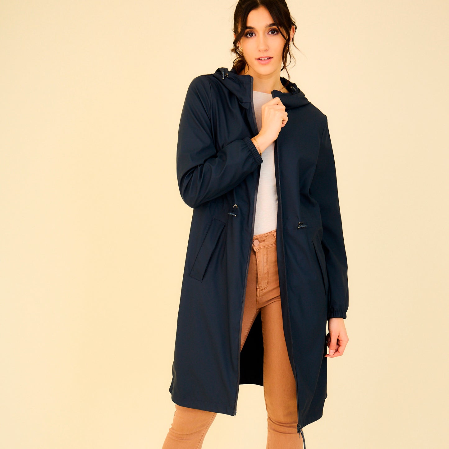 Heated waterproof long jacket with hood - Juliette Navy blue