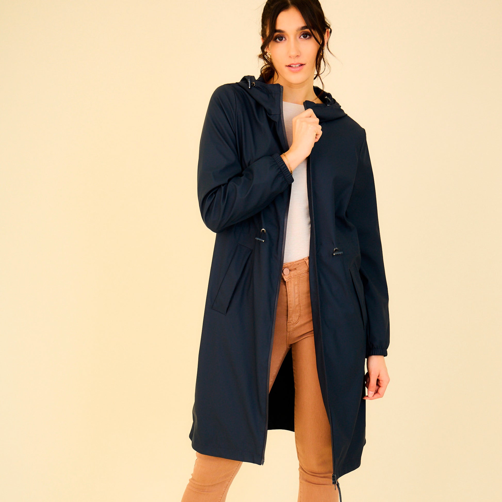 Heated waterproof long jacket with hood - Juliette Navy blue