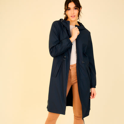 Heated waterproof long jacket with hood - Juliette Navy blue