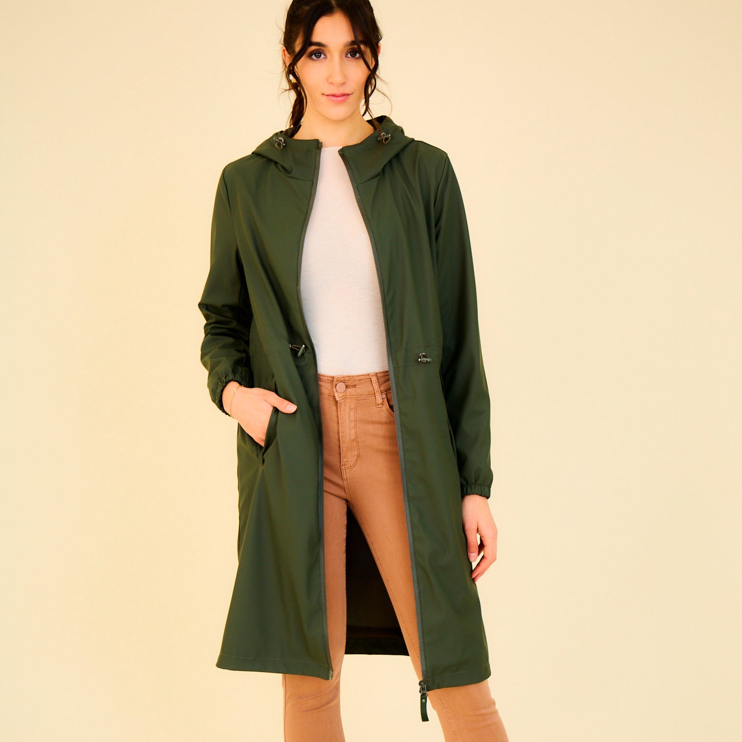 Heated waterproof long jacket with hood - Juliette Khaki