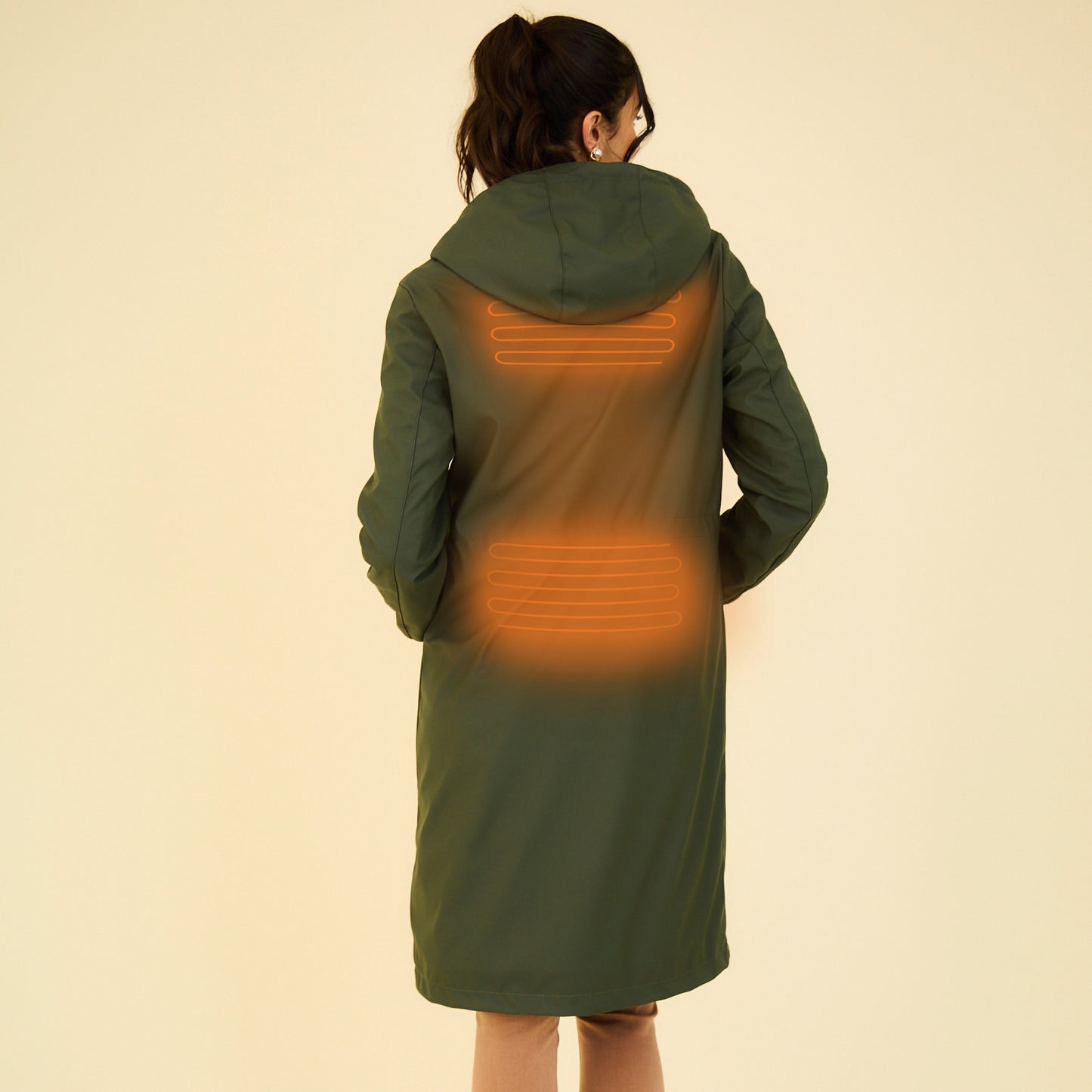 Heated waterproof long jacket with hood - Juliette Khaki