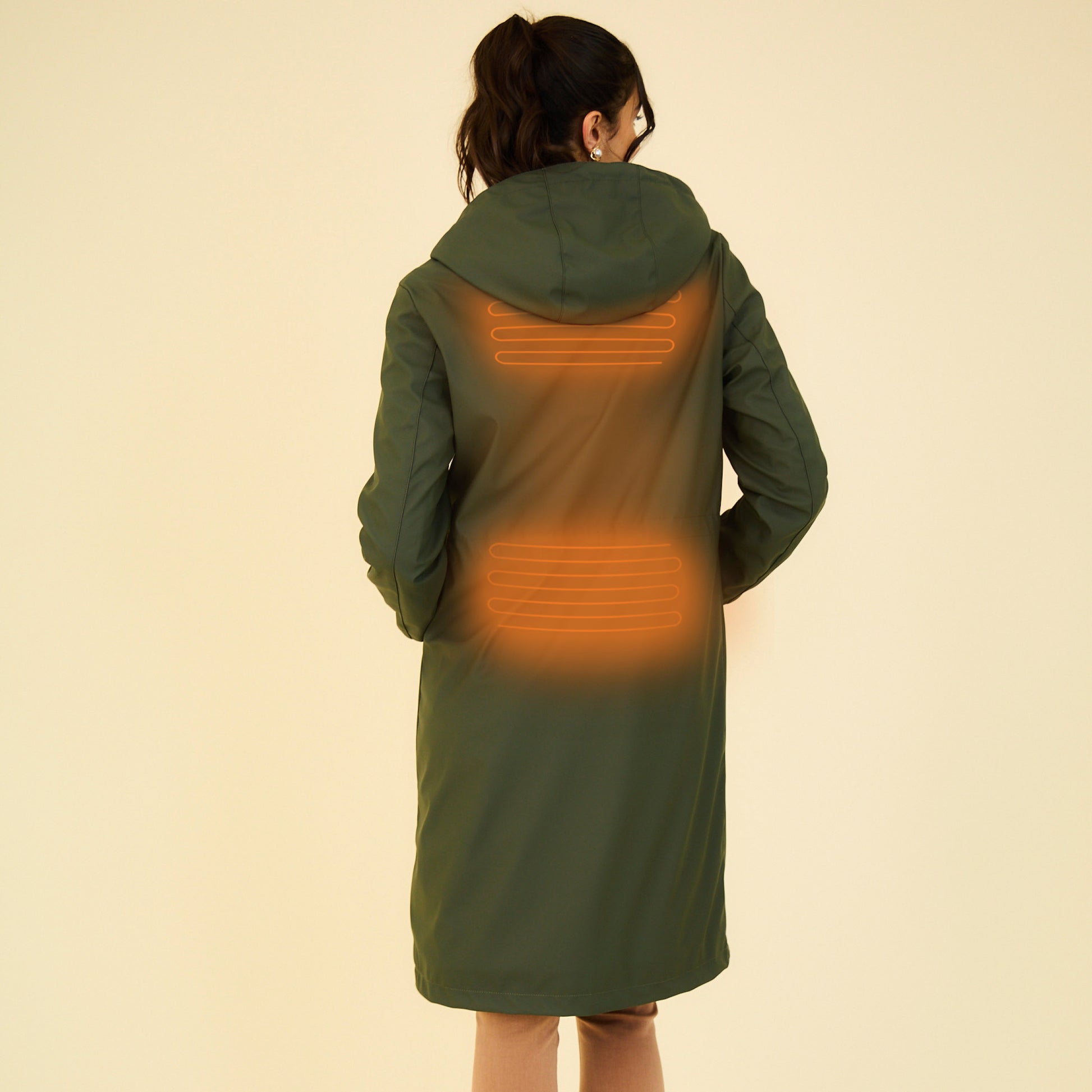 Heated waterproof long jacket with hood - Juliette Khaki
