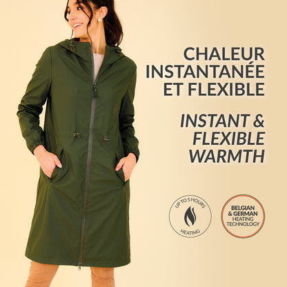 Heated waterproof long jacket with hood - Juliette Khaki