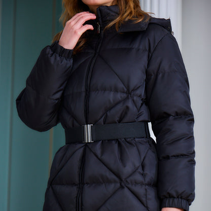 Heated long padded jacket with belt - Gina Black