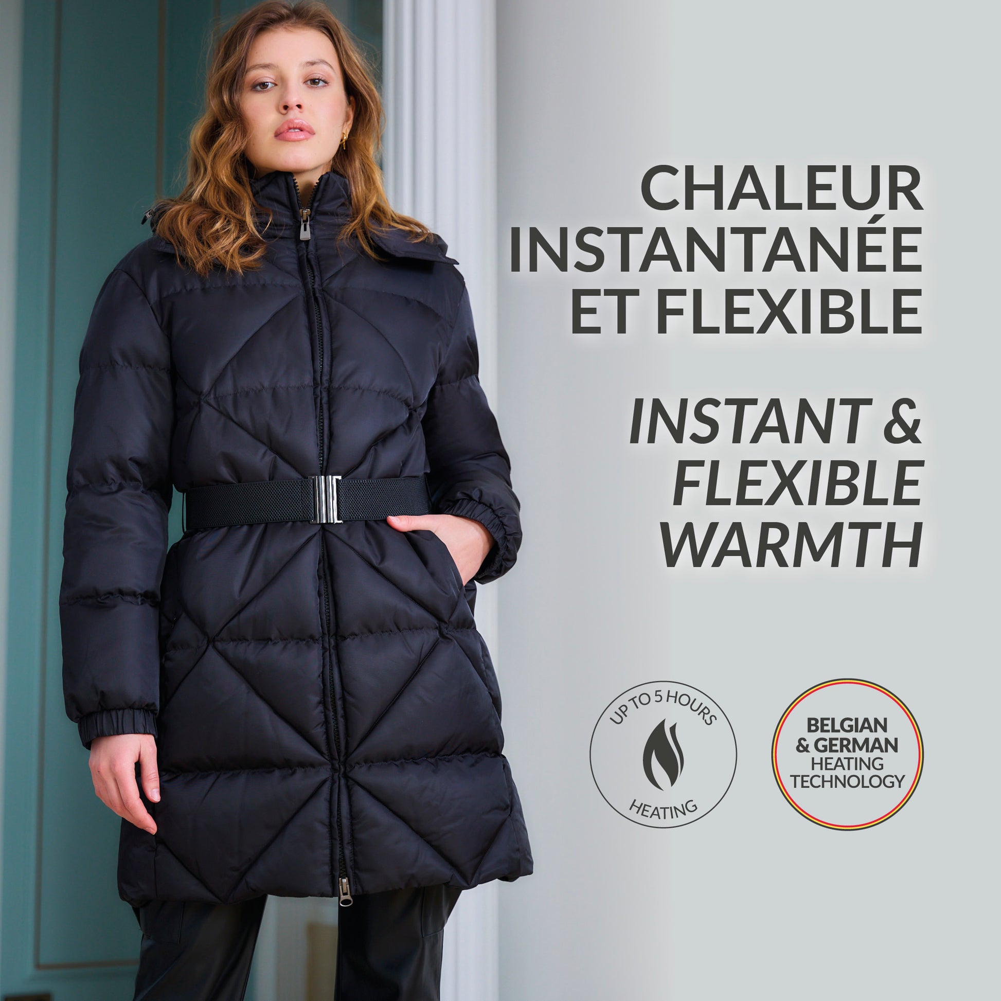 Heated long padded jacket with belt - Gina Black