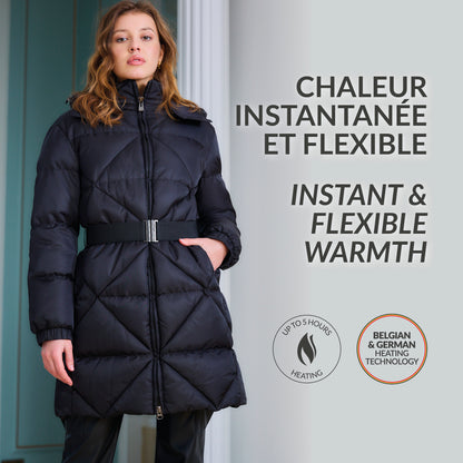 Heated long padded jacket with belt - Gina Black