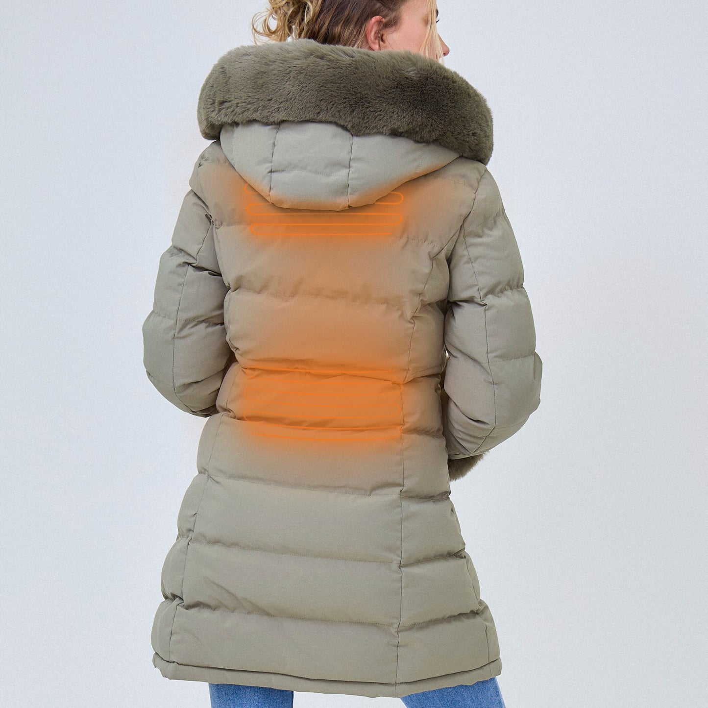 Heated long padded jacket with fake fur lining - Diana Matcha