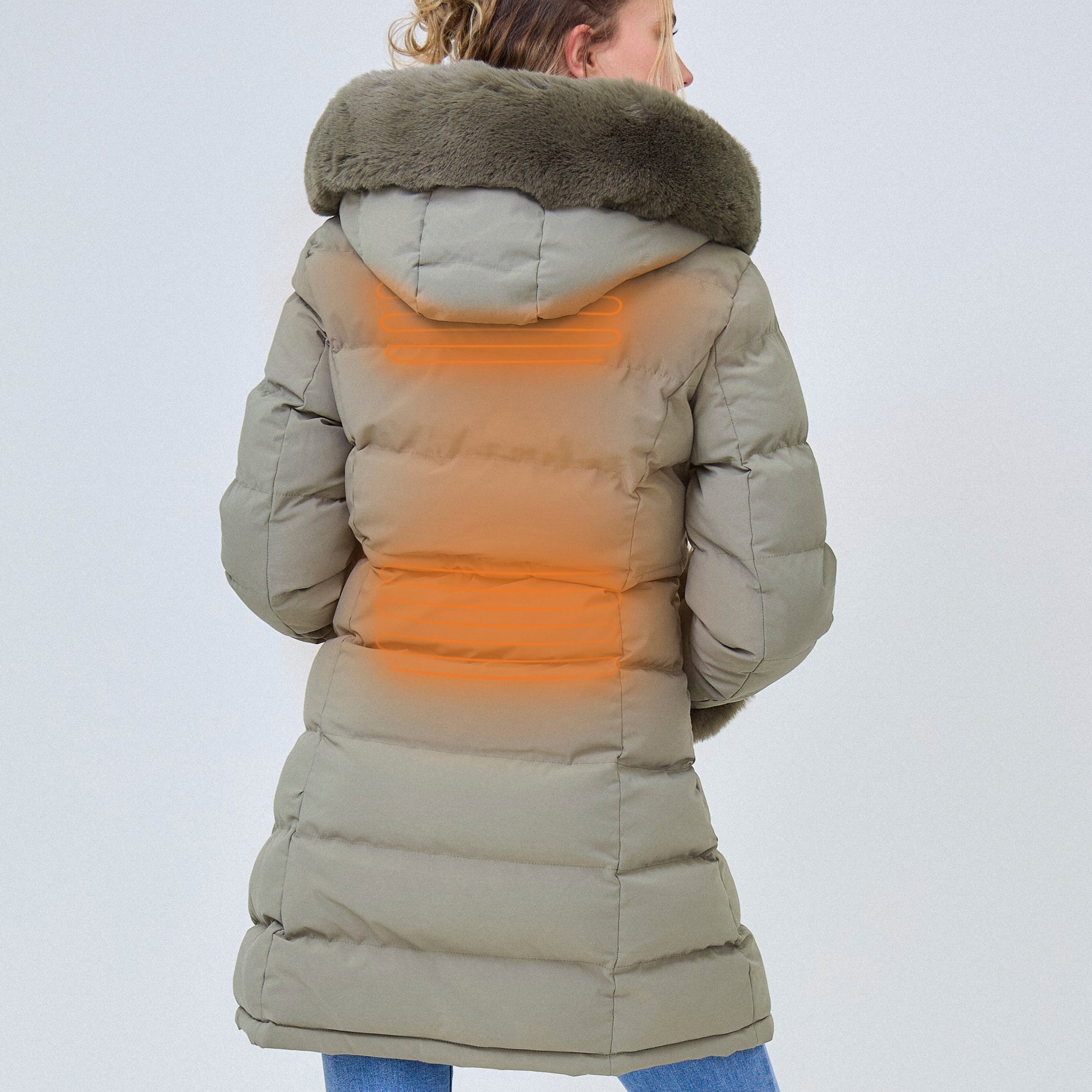 Heated long padded jacket with fake fur lining - Diana Matcha