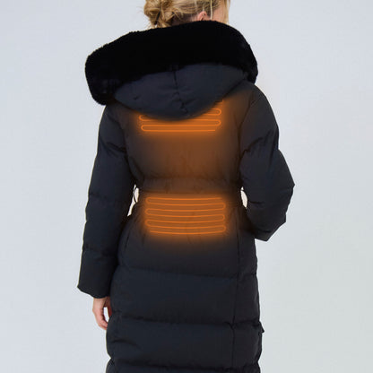 Heated long padded jacket with fake fur hood - Roxy Black
