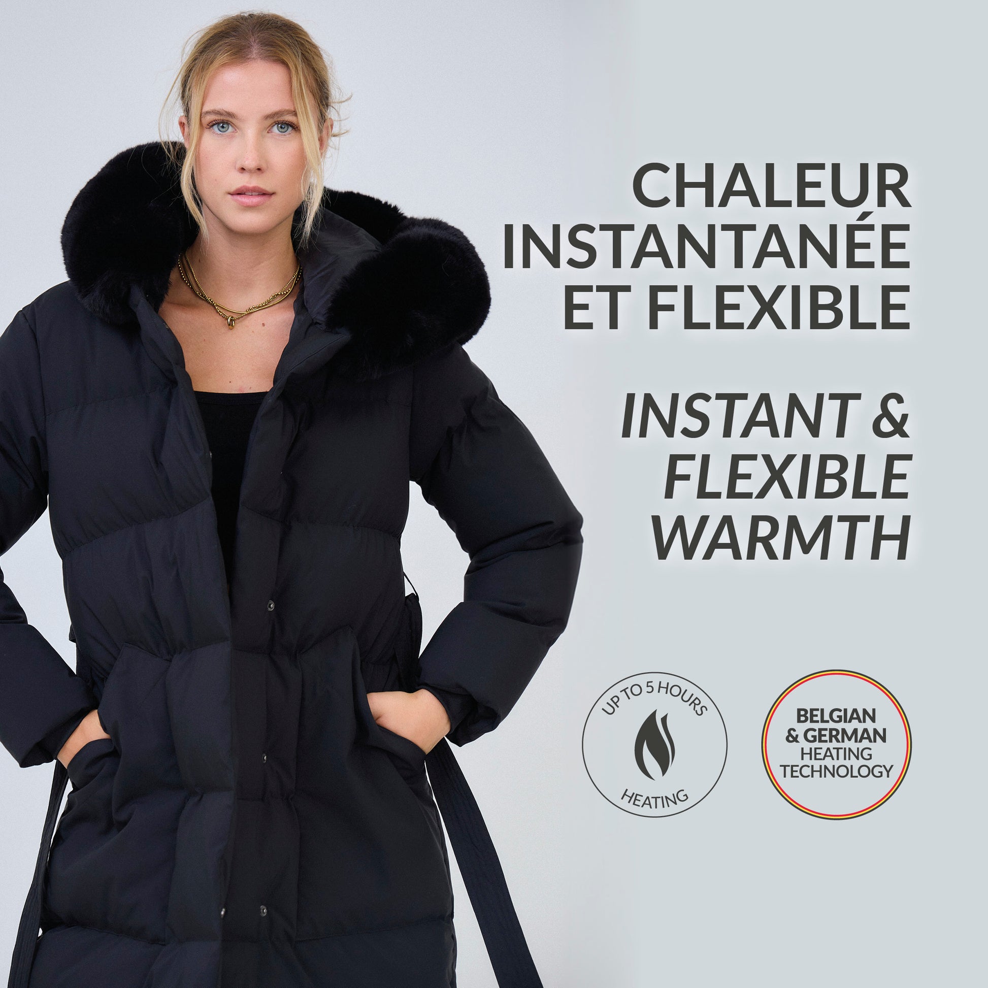 Heated long padded jacket with fake fur hood - Roxy Black