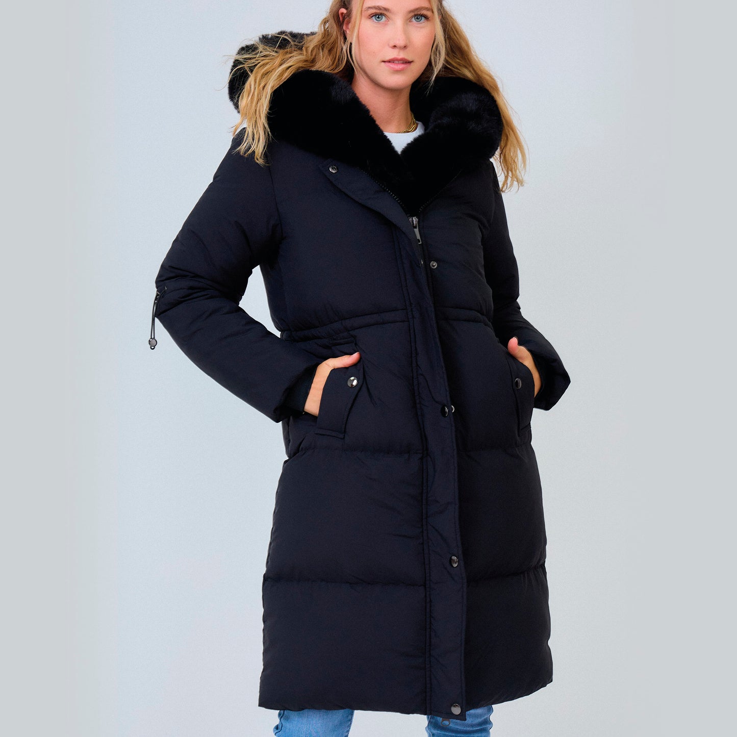 Heated long padded jacket with fake fur lining - Shani Black