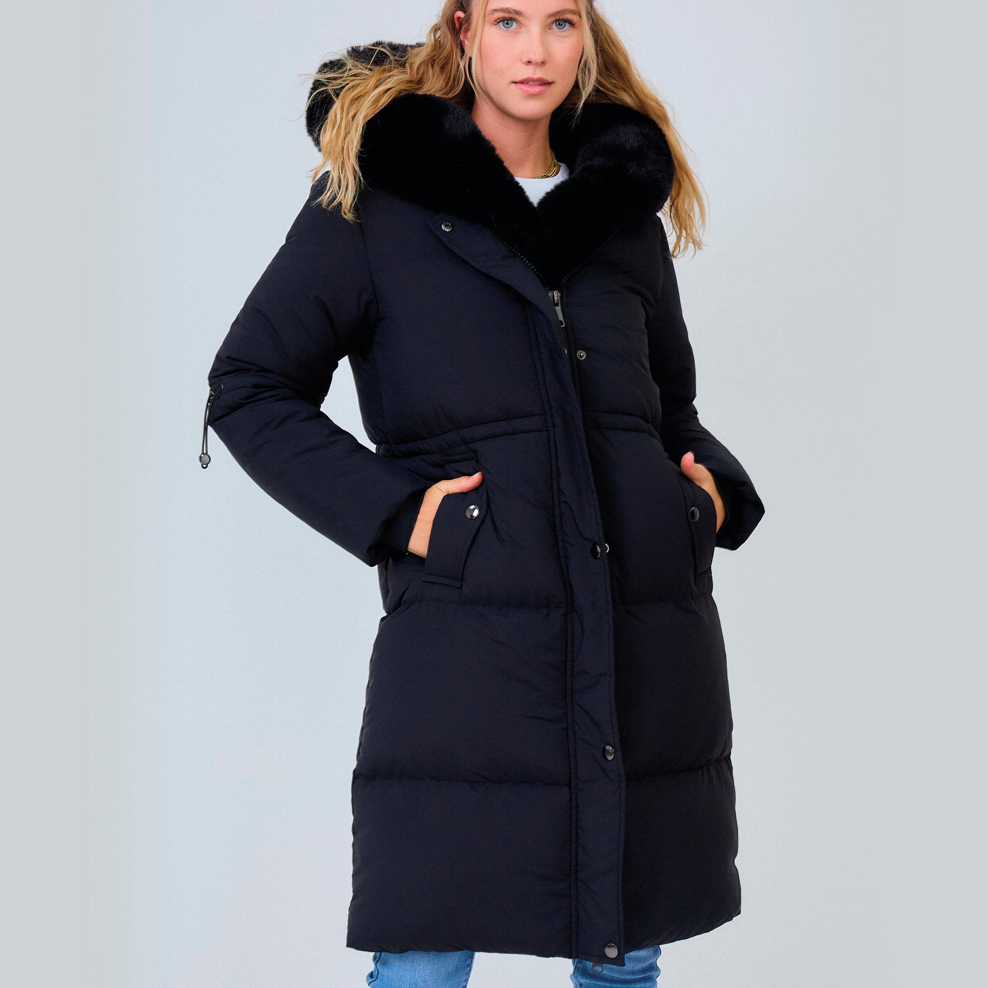 Heated long padded jacket with fake fur lining - Shani Black