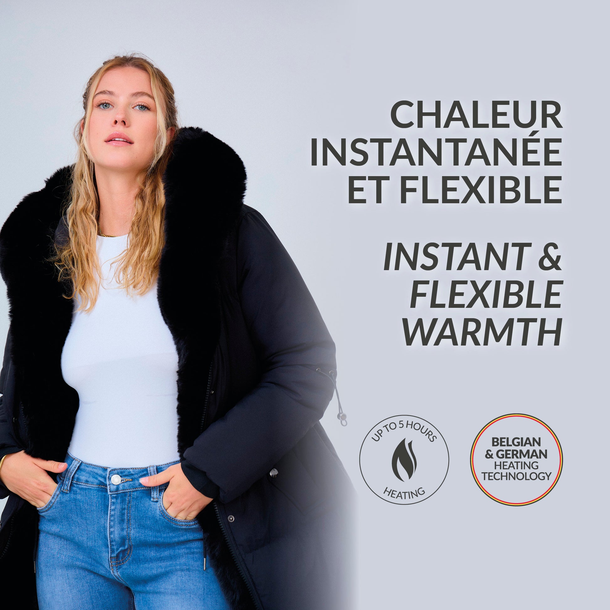 Heated long padded jacket with fake fur lining - Shani Black