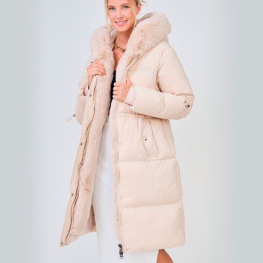 Heated long padded jacket with fake fur lining - Shani Taupe