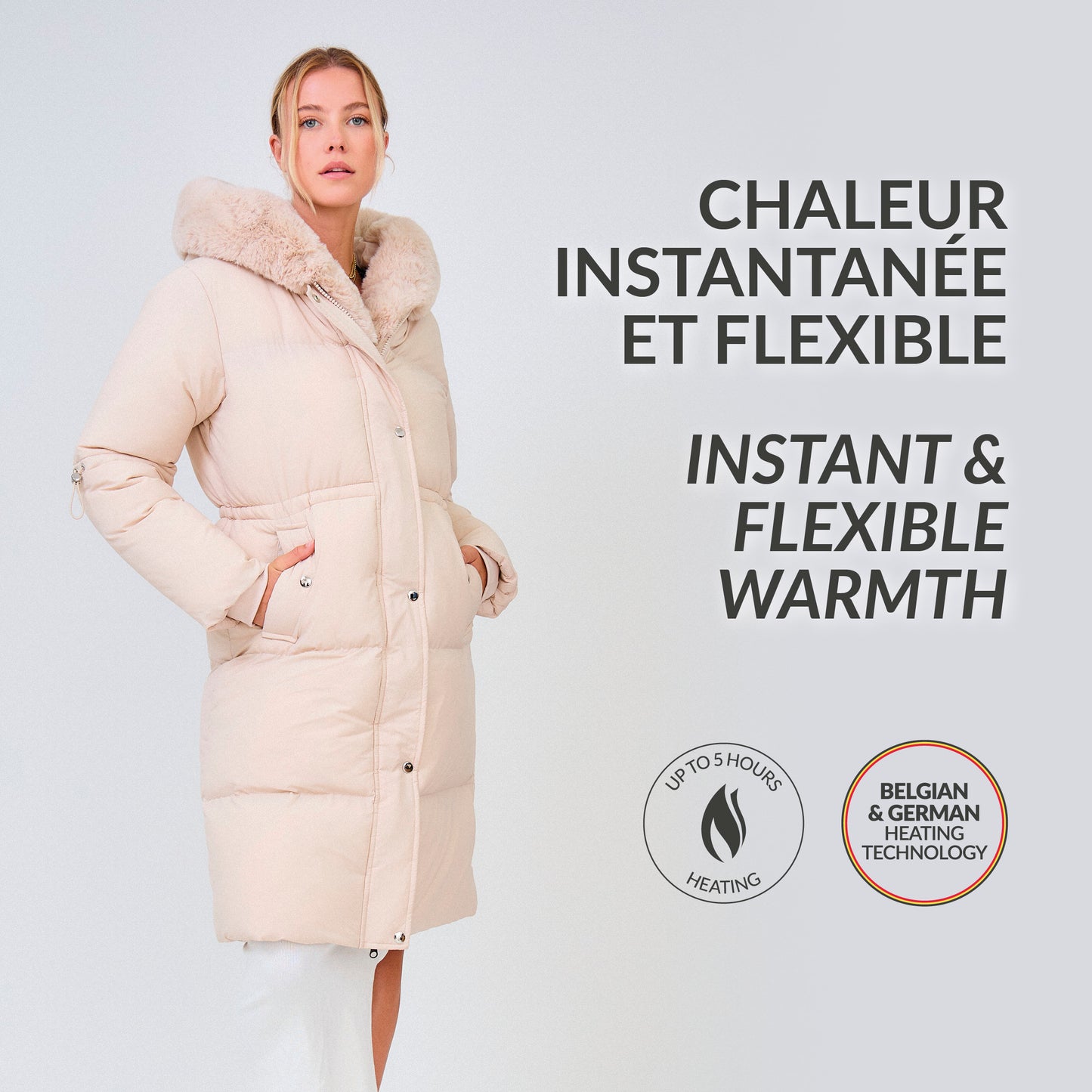 Heated long padded jacket with fake fur lining - Shani Taupe