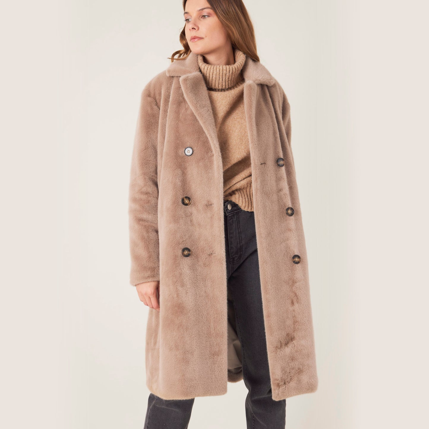 Heated fake fur long jacket - Helena Taupe