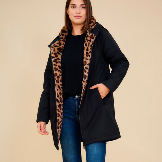 Heated long jacket with leopard lining - Fiona Black