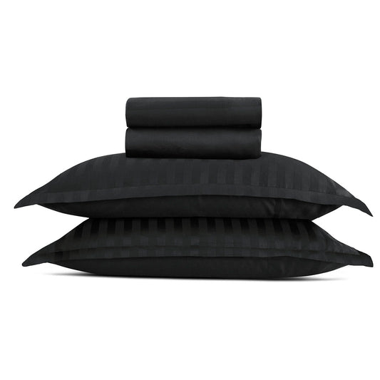 Sheet set cotton satin - dobby stripe woven black