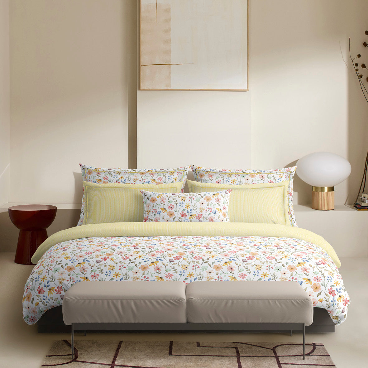 Duvet cover + pillowcase(s) cotton satin - Fleurs d'été Yellow