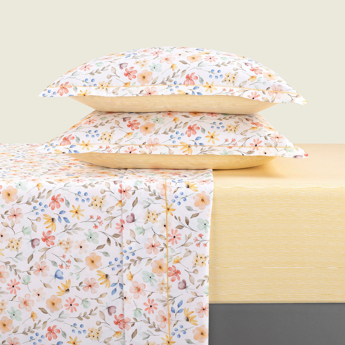 Sheet set cotton satin - Fleurs d'été Yellow