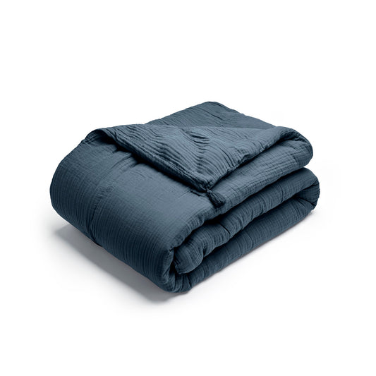 Quilt with tassels cotton gauze - Uni Blue 14 - 140 x 200 cm