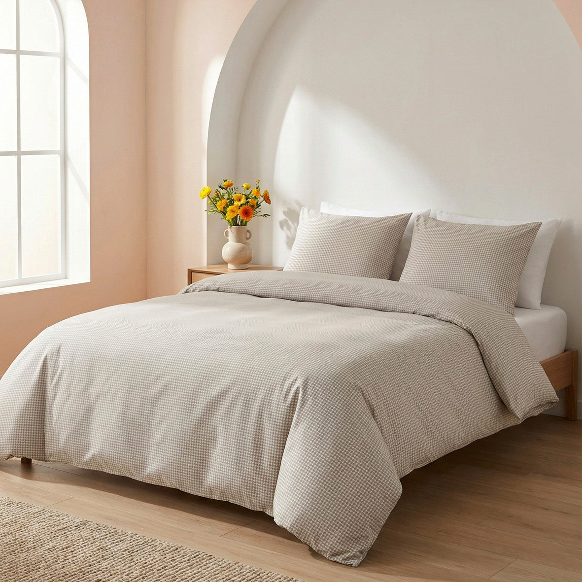 Duvet cover + pillowcase cotton satin - Pied de poule Taupe